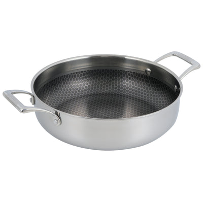 Hybrid Nonstick Sauté Pan – 28 cm (11”) Tri-Ply Stainless Steel with Loop Handles + Tempered Glass Lid, 5 L Capacity