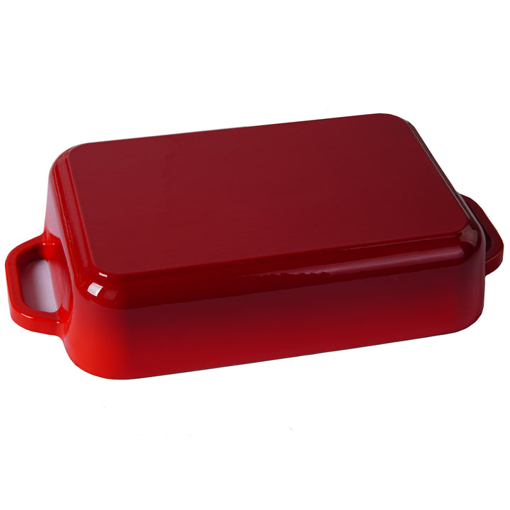 Enameled Cast Iron Rectangular Roaster with Loop Handles, Casserole Dish, Lasagna Pan, Deep Roasting Pan - Red