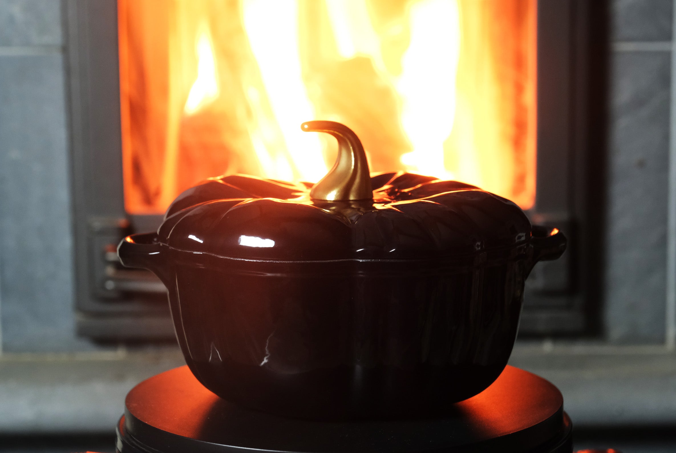 Enameled Cast Iron Pumpkin Pot, Dutch Oven, Cocotte, Black, 2.32