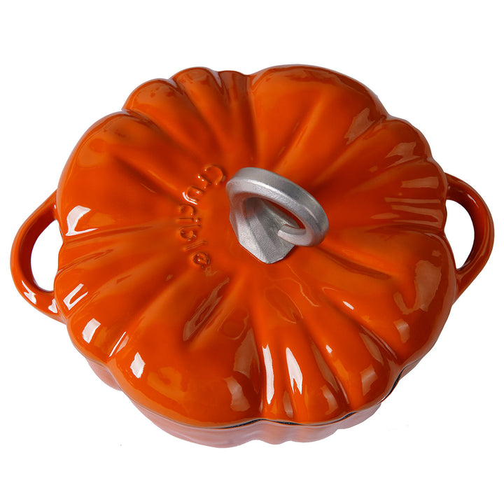Enameled Cast Iron Pumpkin Pot in orange color and silver knob from above