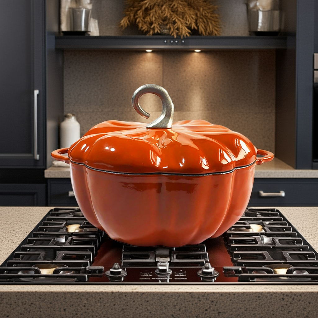 Enameled Cast Iron Pumpkin Pot in orange on the stove