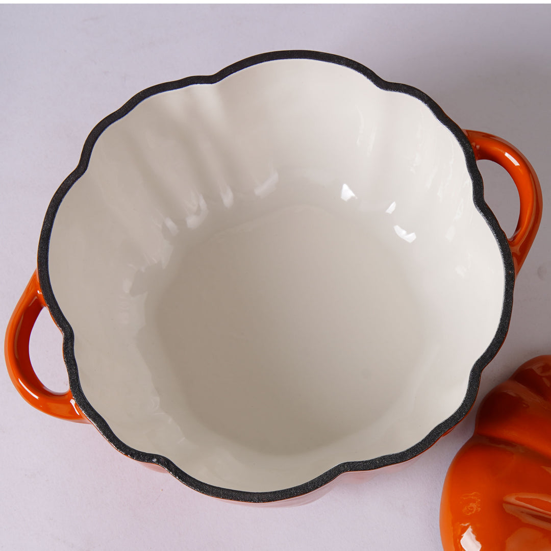Enameled Cast Iron Pumpkin Pot in orange with white interior
