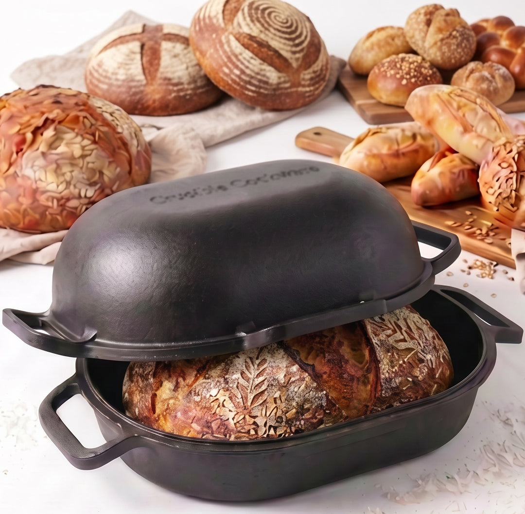 Extra large cast iron bread pan with lid with sourdough bread and many breads