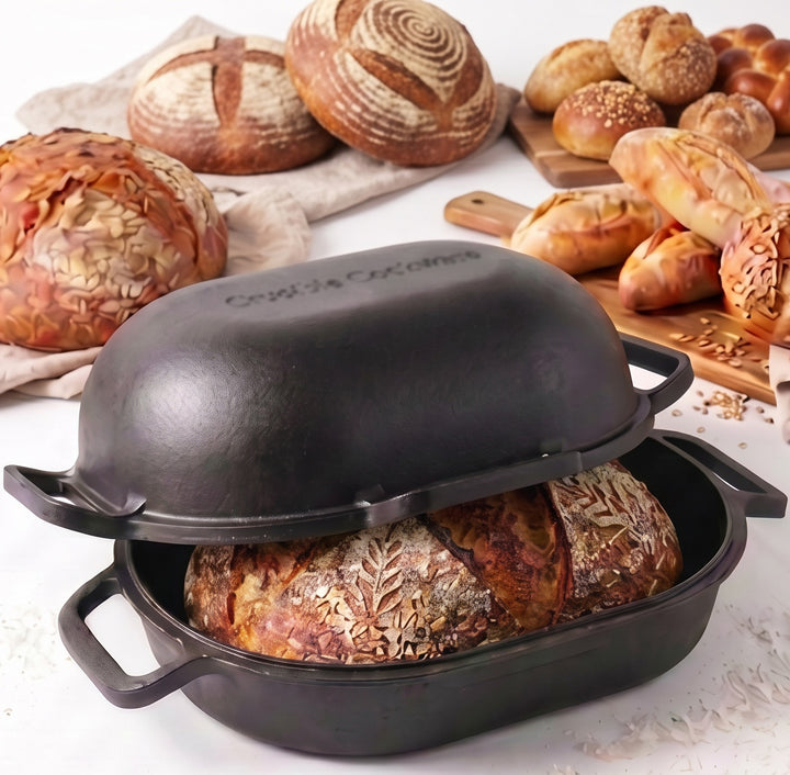 Extra large cast iron bread pan with lid with sourdough bread and many breads