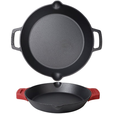12-Inch (30 cm) Cast Iron Skillet Set with Dual Loop Handles, Frying Pan, Silicone Potholders