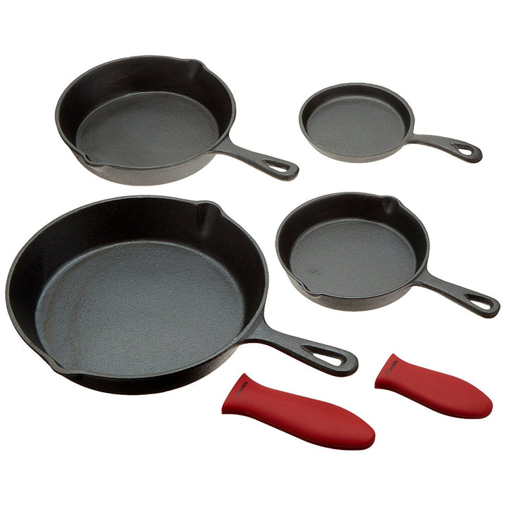 Cast Iron Skillets, Frying Pan Set Of 4 in different sizes, 2 Silicone Potholders