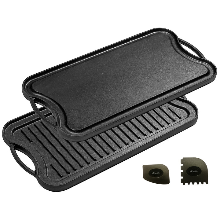 Plaque en fonte (20" par 10"/51 cm x 26 cm), réversible, combo grill et plaque, s'adapte sur deux brûleurs de cuisinière