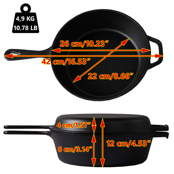 measures for extra deep cast iron skillet with lid