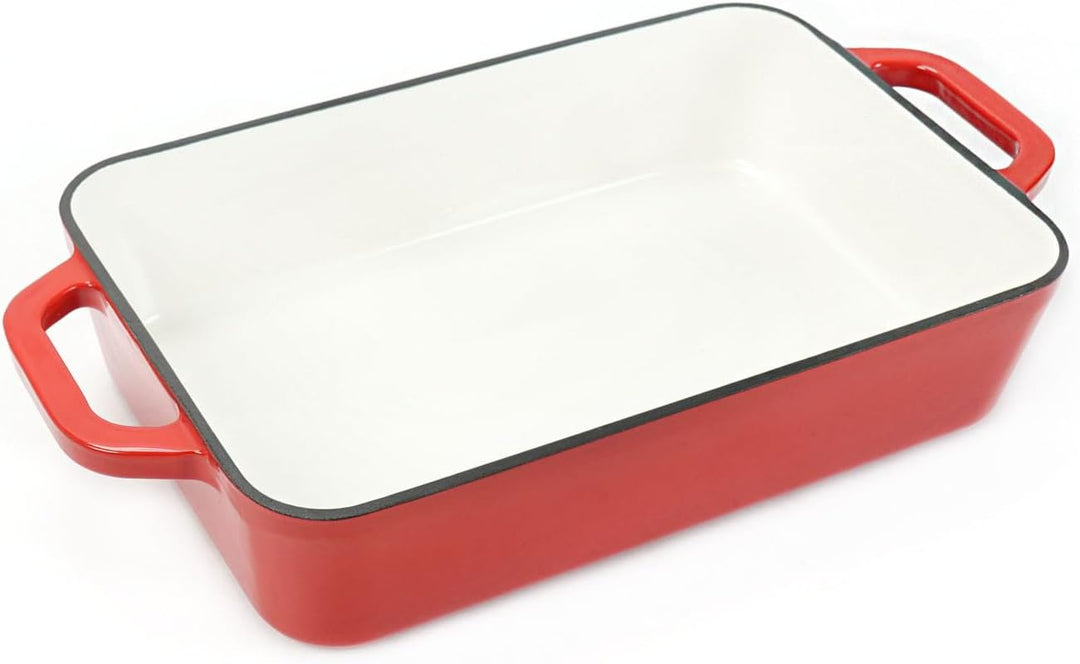 Enameled Cast Iron Rectangular Roaster with Loop Handles, Casserole Dish, Lasagna Pan, Deep Roasting Pan - Red