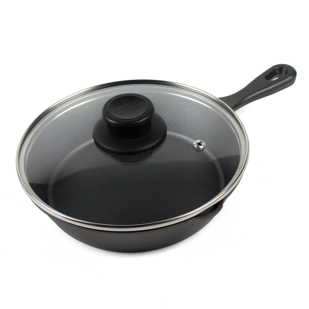 Gjutjärnspanna Set (8 tum/20 cm), Silikon grytlapp, Glaslock, Gjutjärnsrengörare, Skrapa