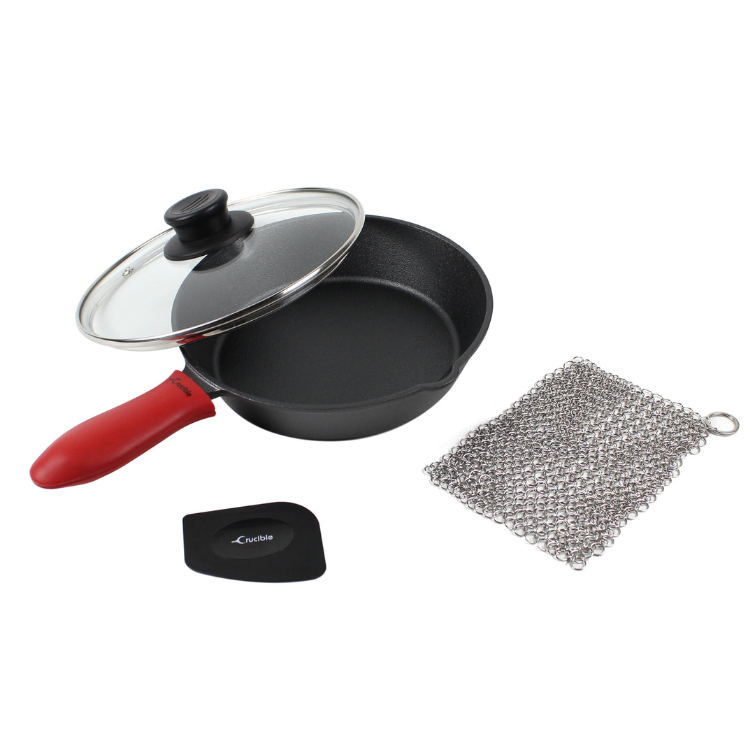 Gjutjärnspanna Set (8 tum/20 cm), Silikon grytlapp, Glaslock, Gjutjärnsrengörare, Skrapa