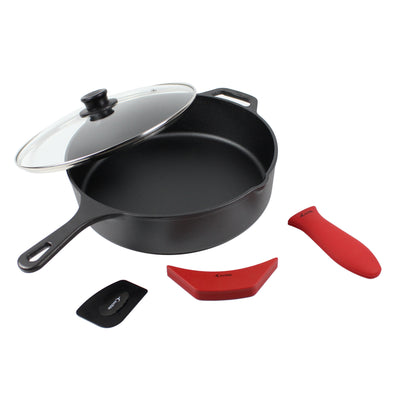 12-Inch/30,5 cm Cast Iron Skillet Set (EXTRA DEEP), Silicone Handle Holders, Glass Lid, Scraper