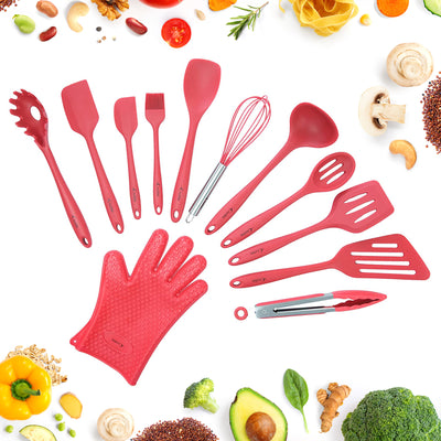 Køkkenredskabssæt, 12-dele komplet silikone bagning og madlavning Køkkenværktøjssæt, køkkengrejsæt, køkkenudstyr - rød - Utensilios de Cocinas