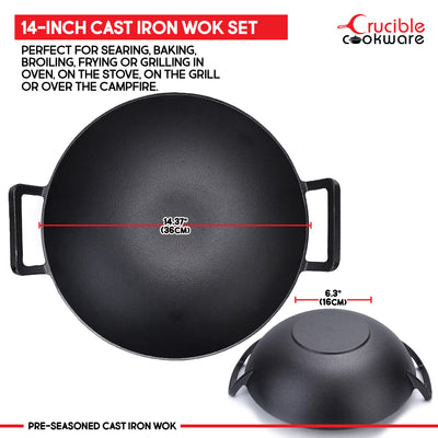 14-Inch (36 cm) Cast Iron Wok Set, Glass Lid, 2 Silicone Handle Holders, 1 Scraper