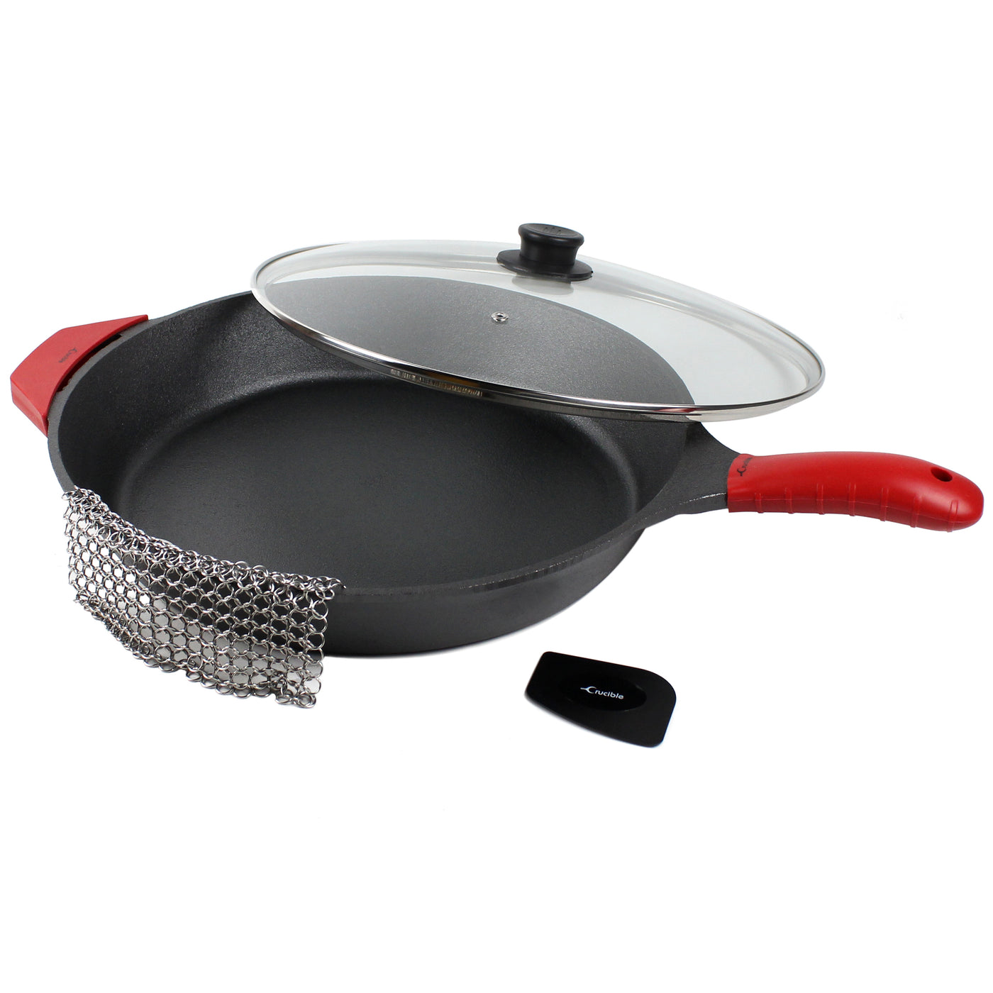 15-Inch (38 cm) Cast Iron Skillet Set, Silicone Handle Holders, Glass Lid, Cast Iron Cleaner, Scraper