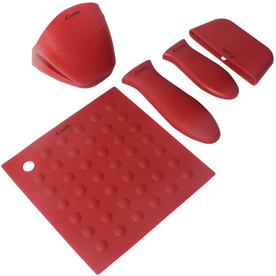Supporti per manico caldo in silicone, presine (confezione da 5 rossi) per padelle, padelle, padelle e piastre in ghisa - impugnatura a manica, copertura del manico