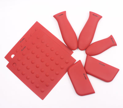 Supporto per manico caldo in silicone, presine (confezione da 7 rossi) Padelle, padelle, padelle e piastre in ghisa - Impugnatura a manica, coperchio del manico