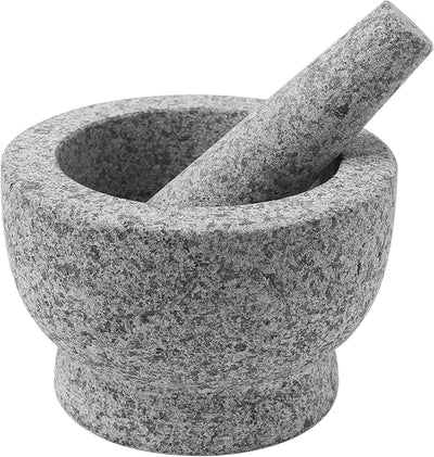 Juego de mortero y mortero de granito, capacidad de 2-1/3 tazas, 6 pulgadas + protector antirrayas y pelador de ajos
