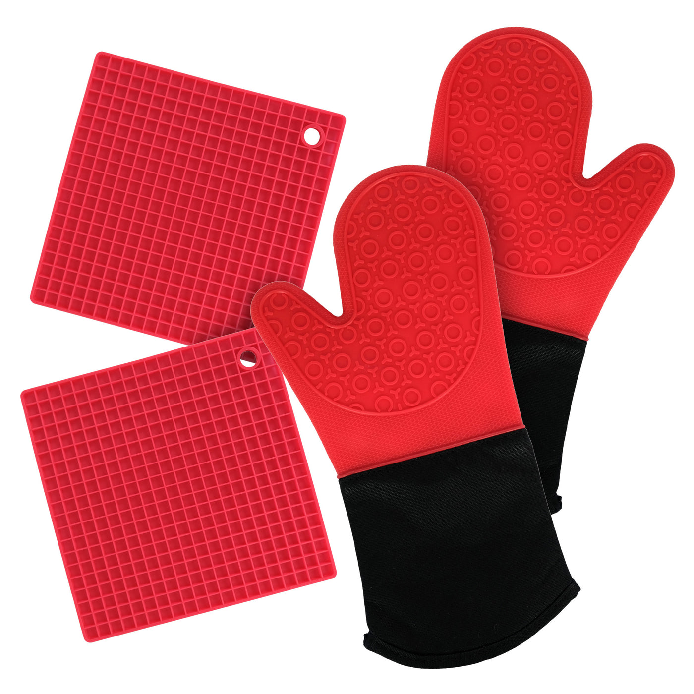 Mitaines de four et maniques en silicone (ensemble de 4 pièces), comptoir de cuisine – Maniques avancées résistantes à la chaleur, gant de four à poignée texturée antidérapante – Rouge