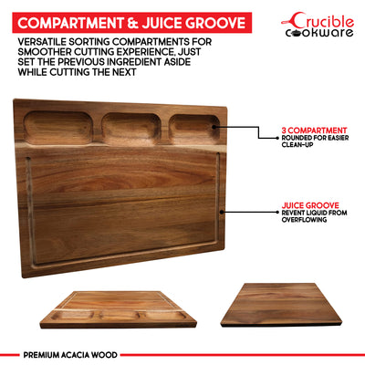 Cutting Board with 3 Sorting Compartments & Juice Groove - Acacia Wood - 17" x 12.2" (43 cm x 31 cm)