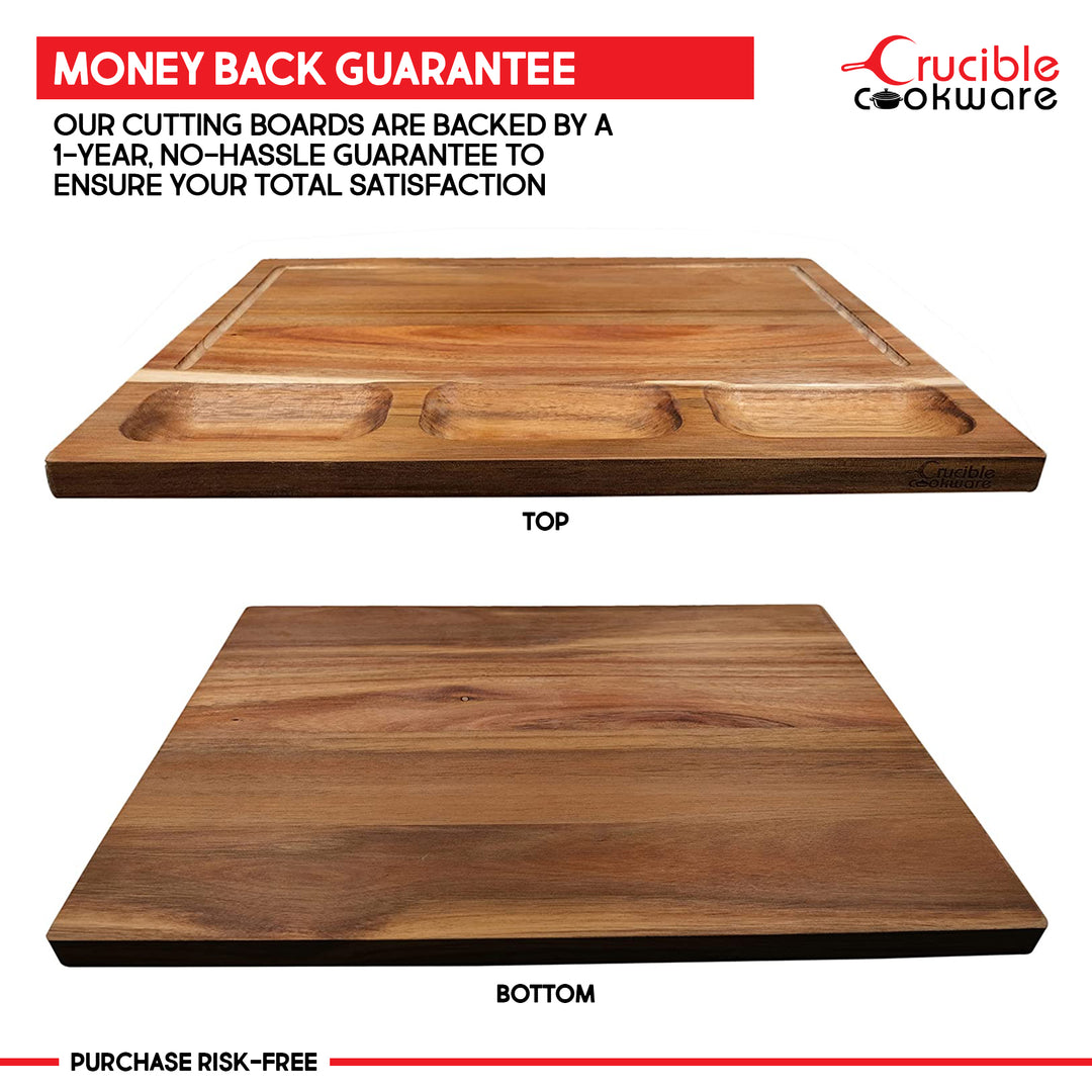 Cutting Board with 3 Sorting Compartments & Juice Groove - Acacia Wood - 17" x 12.2" (43 cm x 31 cm)