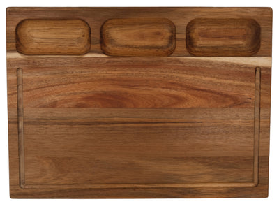 Deska do krojenia z 3 przegródkami do sortowania i rowkiem na sok – drewno akacjowe – 17" x 12,2"