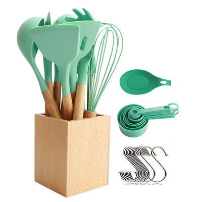 Utensilien-Set zum Kochen mit Silikonkopf, Holzgriff und Holzbehälter (23 Teile + Bonus-Haken zum Aufhängen) – Küchenutensilien-Set – Grün
