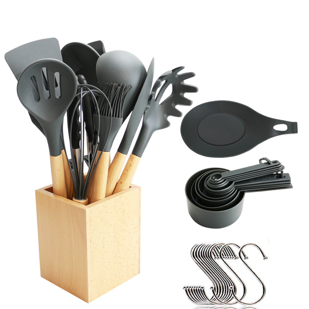 Conjunto de utensílios para cozinhar com cabeça de silicone, cabo de madeira e recipiente de madeira (23 peças + ganchos pendurados bônus) - Conjunto de ferramentas para utensílios de cozinha - Cinza