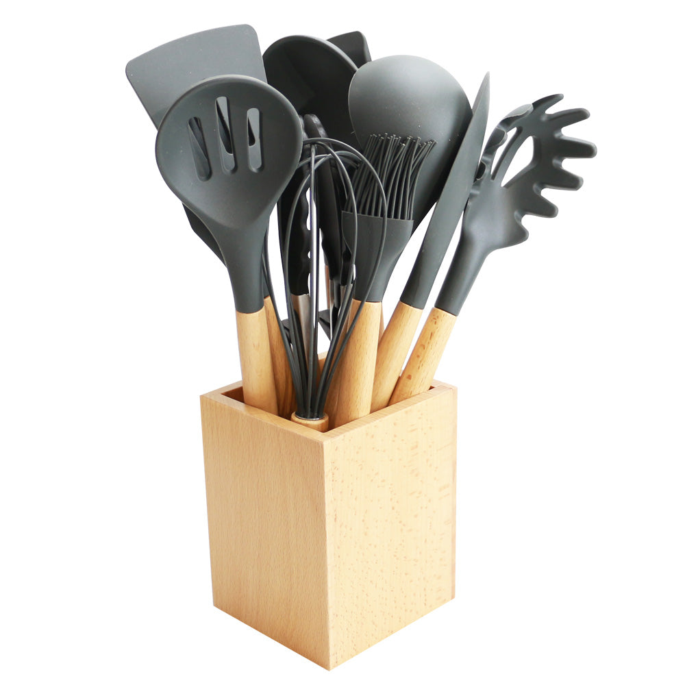 Utensilien-Set zum Kochen mit Silikonkopf, Holzgriff und Holzbehälter (23 Teile + Bonus-Haken zum Aufhängen) – Küchenutensilien-Set – Grau