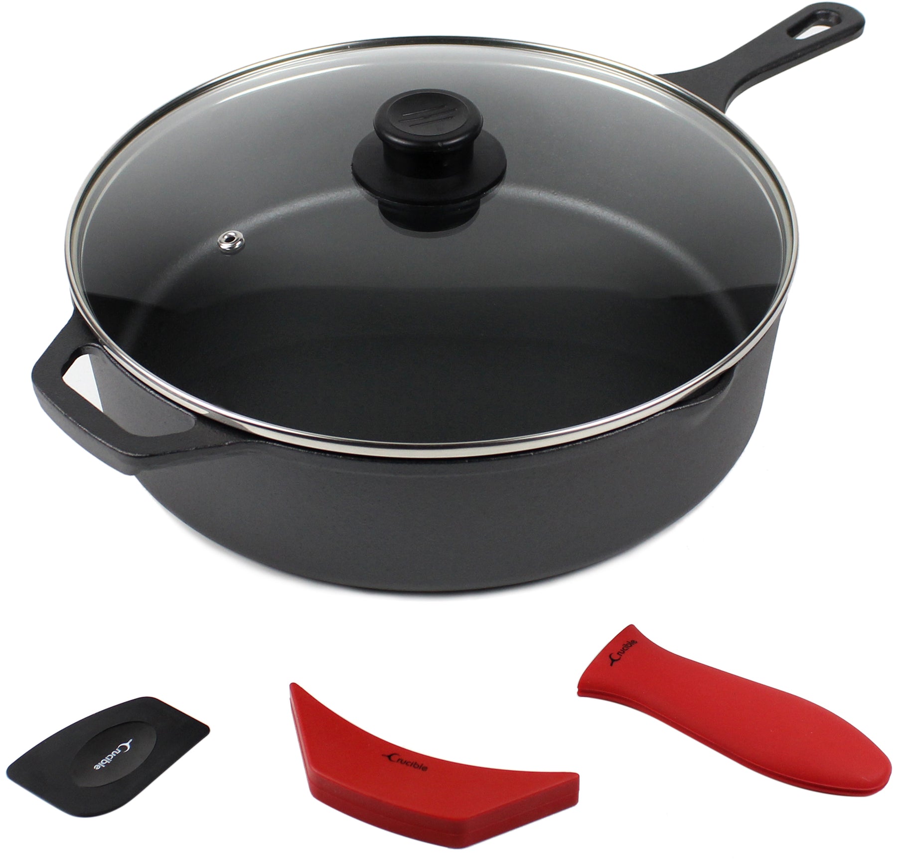 CAST IRON SKILLET with Glass Lid Frying Pan Scraper Silicone Handle 12  CUISINEL