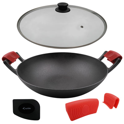 Crucible Cookware 12-Inch Cast Iron Skillet Set (Pre-Seasoned - Extra Deep), Including Large & Assist Silicone Hot Handle Holders, Glass Lid, Scra