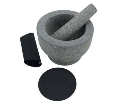 Conjunto de almofariz e pilão de granito, capacidade de 2-1/3 xícara, 6 polegadas + protetor anti-riscos e descascador de alho