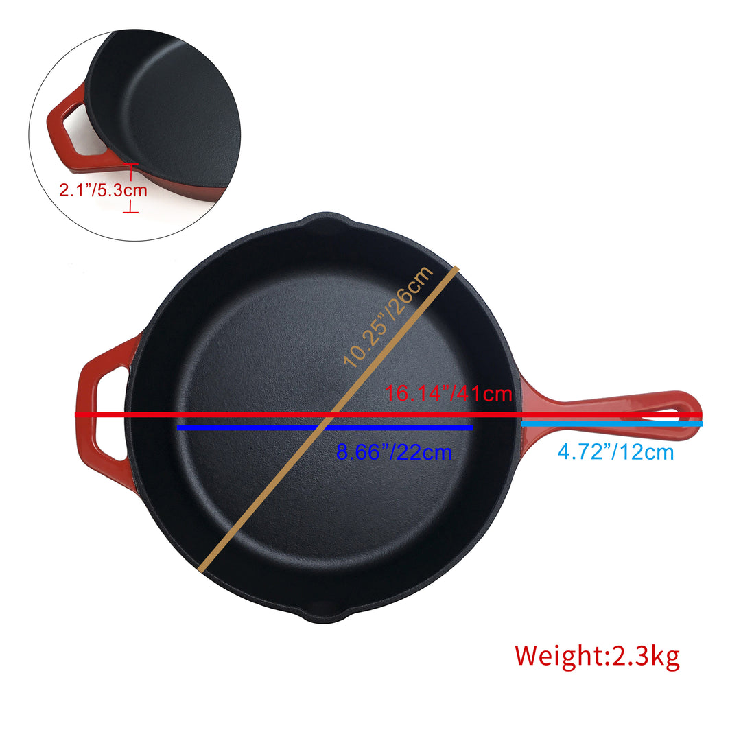 10,25"/26 cm emaillierte Gusseisen-Bratpfanne + 2 Silikon-Griffabdeckungen