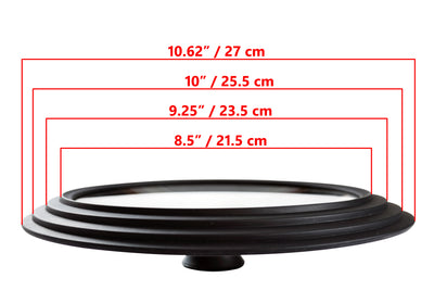 Coperchio in vetro universale - Multisize 8,5" / 21,5 cm, 9,25" / 23,5 cm, 10" / 25,5 cm (bordi esterni 10,6" / 27 cm) Diametro per pentole e padelle, Nero