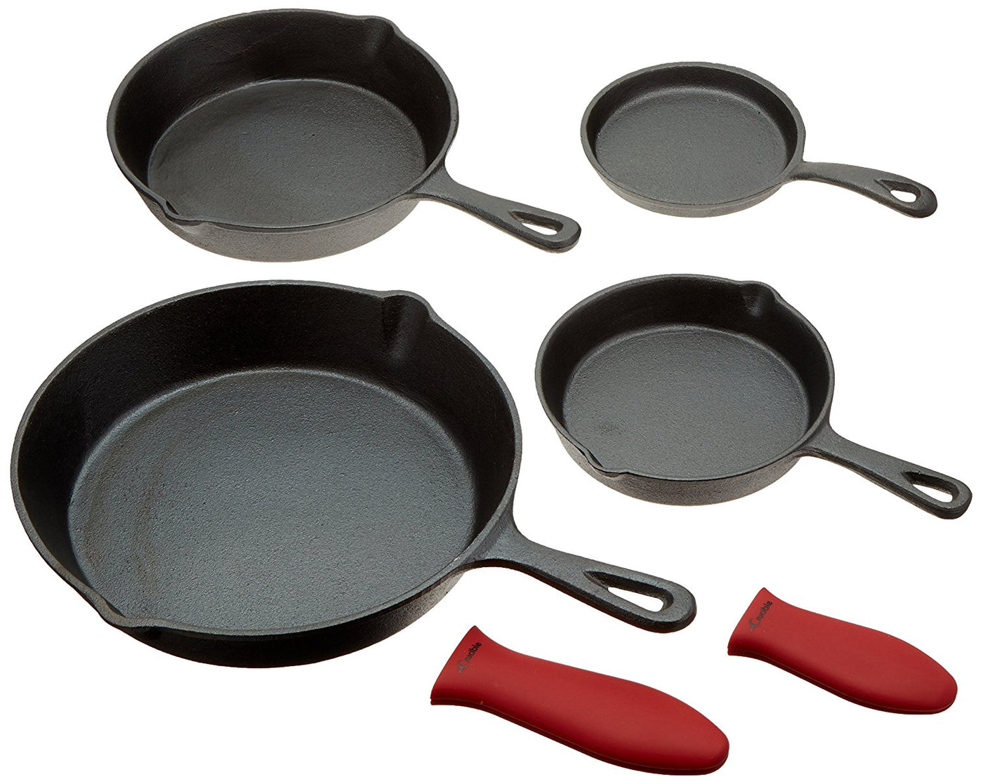 Cast Iron Skillets, Frying Pan Set Of 4 in different sizes, 2 Silicone Potholders