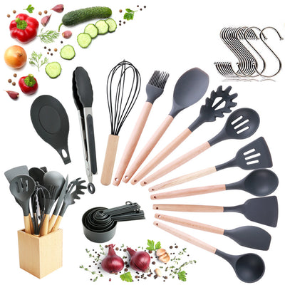 Utensils Set for Cooking with Silicone Head , Wood Handle and Wooden Container (23 Pieces + Bonus Hanging Hooks) -  Kitchen Utensil Tools Set - Gray