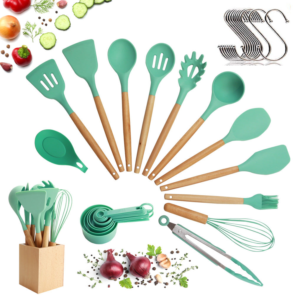 Utensils Set for Cooking with Silicone Head , Wood Handle and Wooden Container (23 Pieces + Bonus Hanging Hooks) -  Kitchen Utensil Tools Set - Green