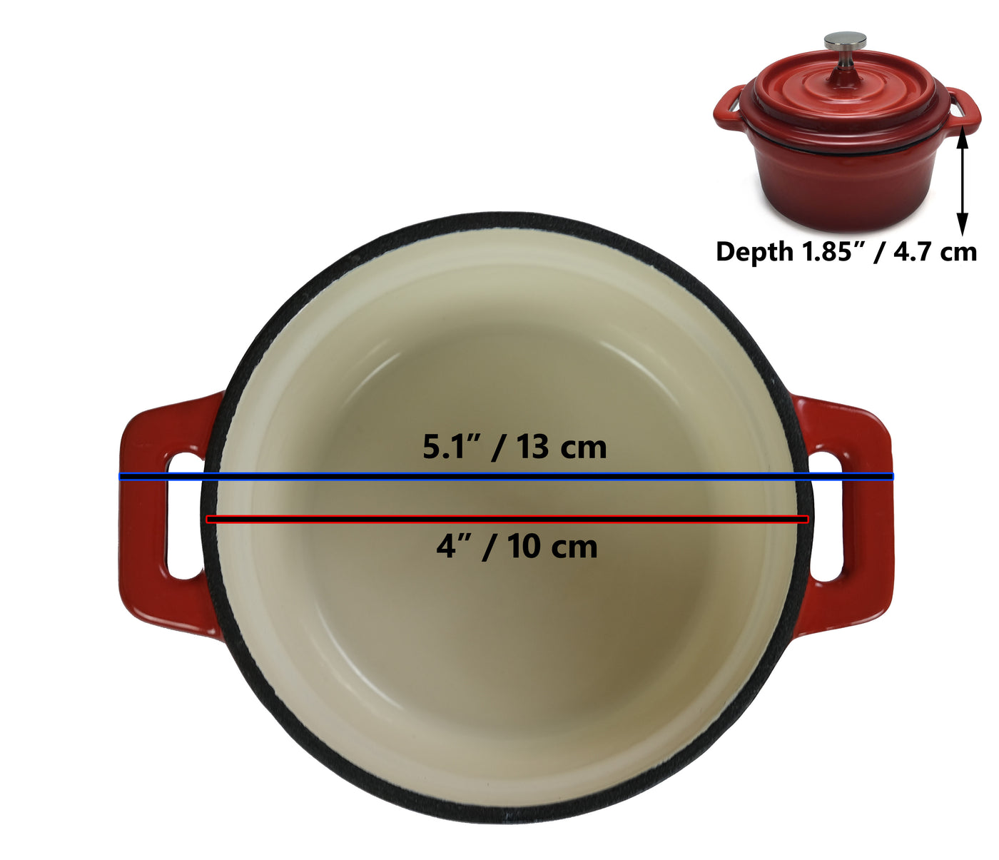 Emailliertes Gusseisen <tc>Dutch Oven</tc> (Klein/Mini) – 10,2 cm Durchmesser – rund, rot