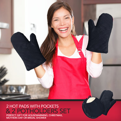 锅垫和烤箱手套、2 个锅垫和 2 个热垫、厨房亚麻布套装 - 黑色