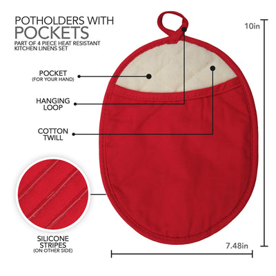 Pot Holders and Oven Mitts Gloves, 2 Potholders & 2 Hot Pads with Pockets, Kitchen Linens Set - Red
