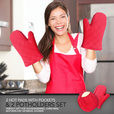 锅垫和烤箱手套、2 个锅垫和 2 个带口袋的热垫、厨房亚麻布套装 - 红色