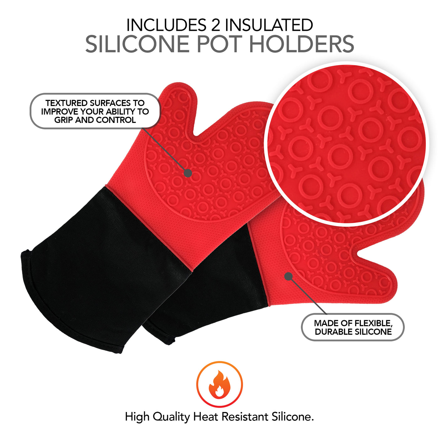 Silicone Oven Mitts and Potholders (4-Piece Set), Kitchen Counter - Advanced Heat Resistant Pot Holders, Non-Slip Textured Grip Oven Mitt - Red