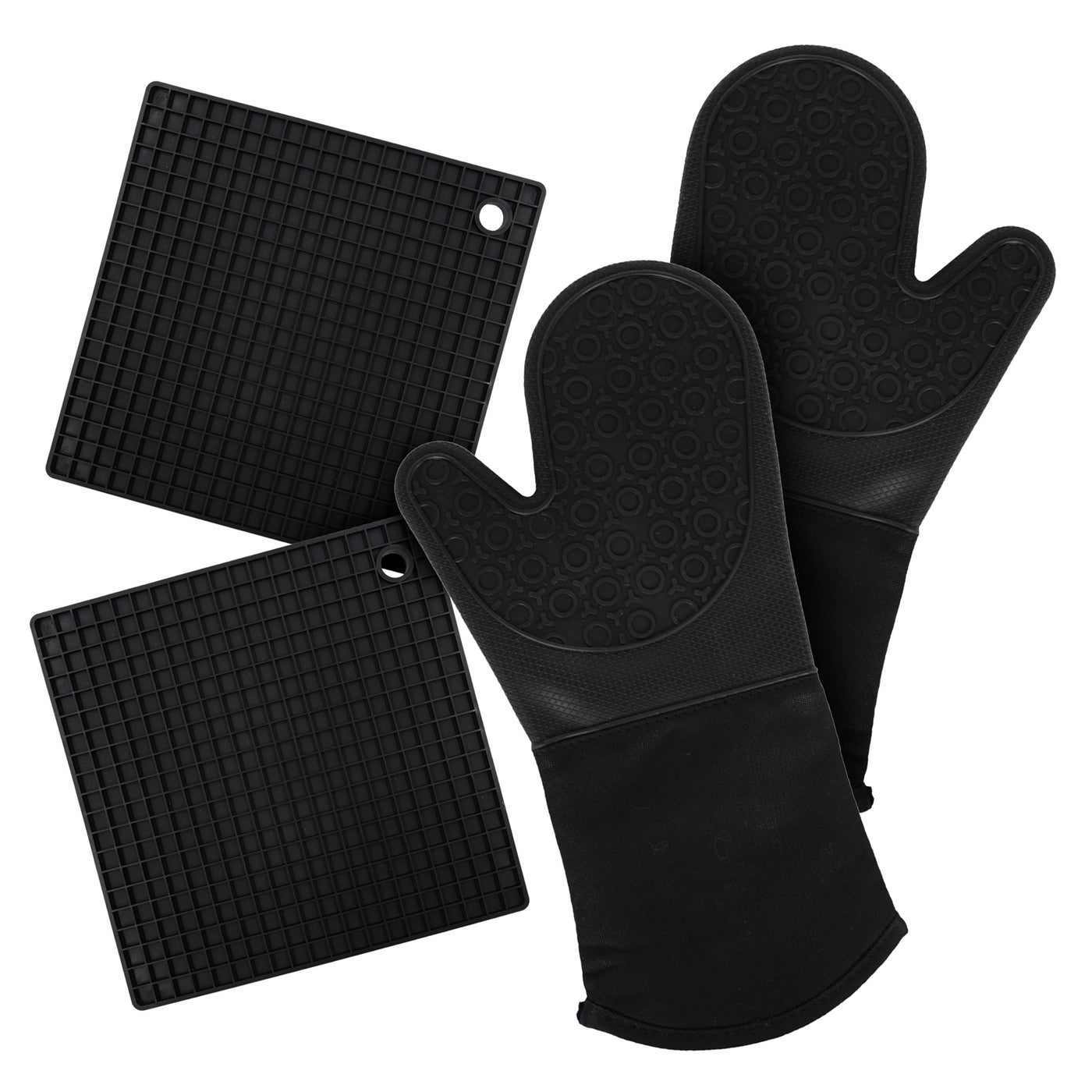 Silicone Oven Mitts and Potholders (4-Piece Set), Kitchen Counter - Advanced Heat Resistant Pot Holders, Non-Slip Textured Grip Oven Mitt - Black