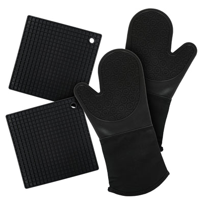 硅胶烤箱手套和隔热垫（4 件套），厨房柜台 - 高级耐热锅垫，防滑纹理握把烤箱手套 - 黑色