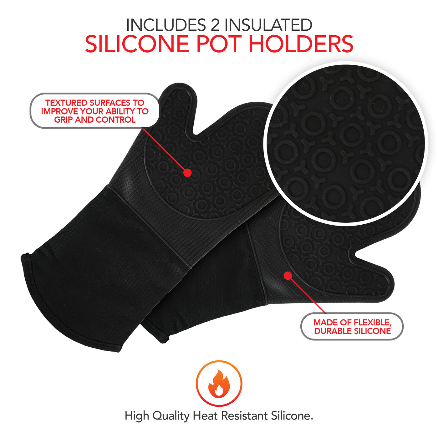 Silicone Oven Mitts and Potholders (4-Piece Set), Kitchen Counter - Advanced Heat Resistant Pot Holders, Non-Slip Textured Grip Oven Mitt - Black