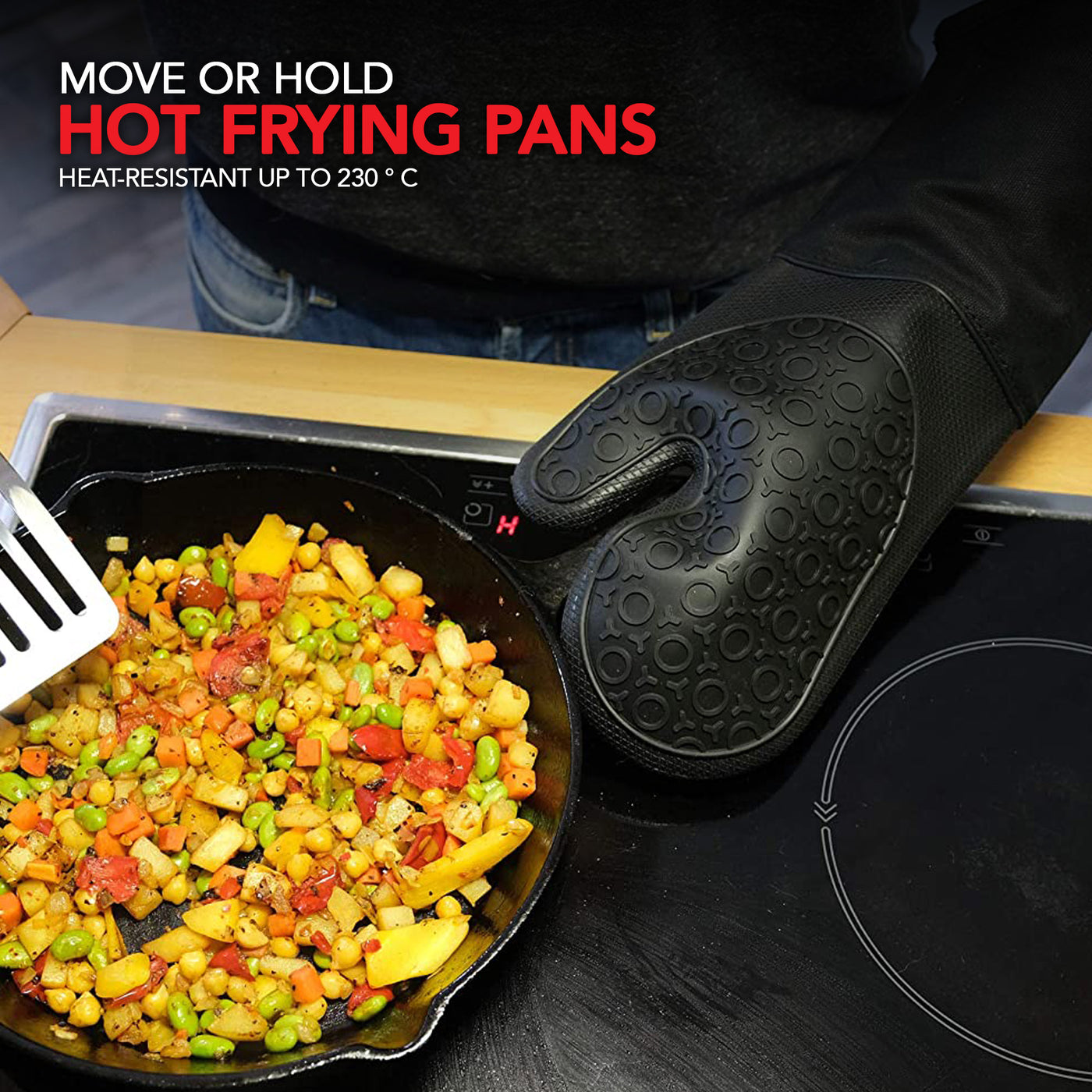 硅胶烤箱手套和隔热垫（4 件套），厨房柜台 - 高级耐热锅垫，防滑纹理握把烤箱手套 - 黑色