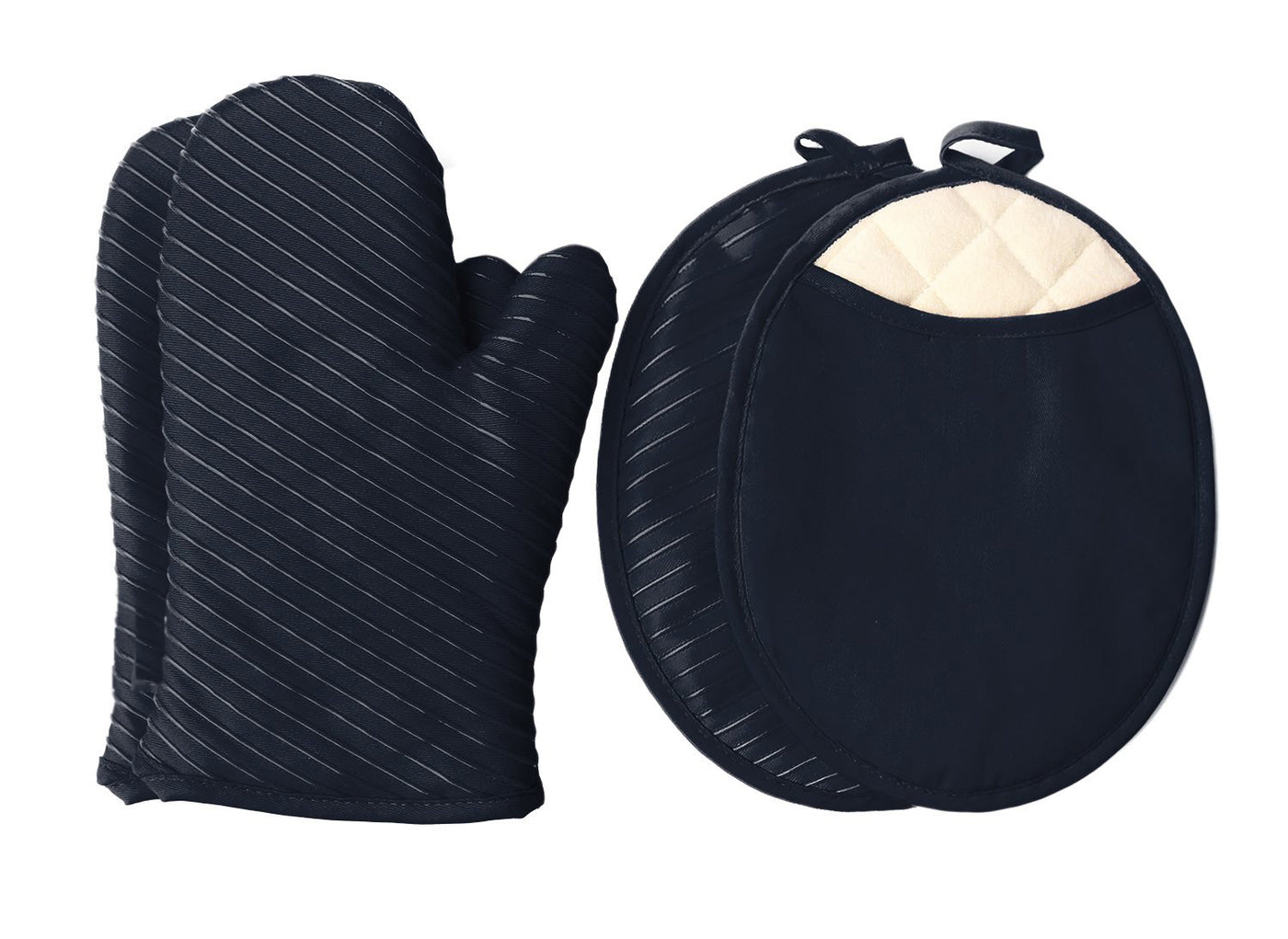 锅垫和烤箱手套、2 个锅垫和 2 个热垫、厨房亚麻布套装 - 黑色