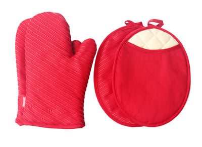 锅垫和烤箱手套、2 个锅垫和 2 个带口袋的热垫、厨房亚麻布套装 - 红色